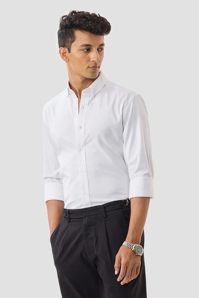 SNITCH White Solid Long Sleeve Slim Fit Luxe Shirt