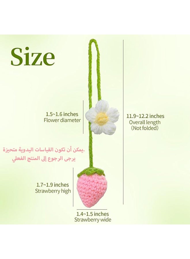 Photon Crochet Strawberry and Flower Car Hanging Ornaments, Car Decor Car Mirror Hanging Accessories For Women, Hand-Woven Flower Rearview Mirror Strawberry - Image 2