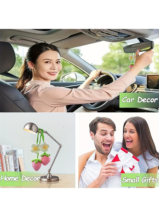 Photon Crochet Strawberry and Flower Car Hanging Ornaments, Car Decor Car Mirror Hanging Accessories For Women, Hand-Woven Flower Rearview Mirror Strawberry - Image 5