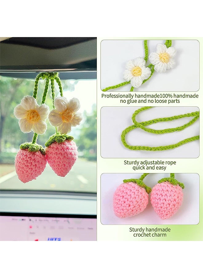 Photon Crochet Strawberry and Flower Car Hanging Ornaments, Car Decor Car Mirror Hanging Accessories For Women, Hand-Woven Flower Rearview Mirror Strawberry - Image 3