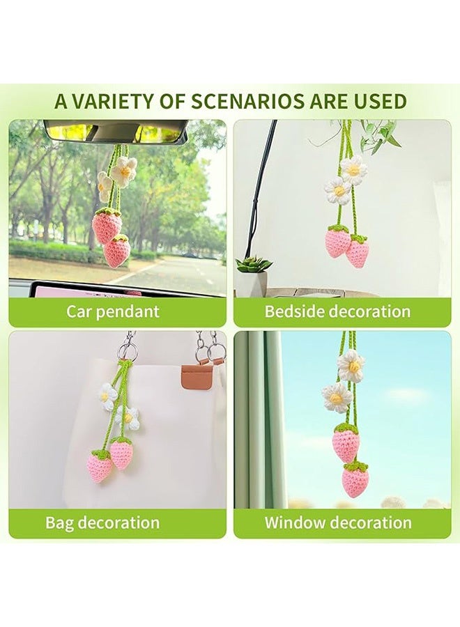 Photon Crochet Strawberry and Flower Car Hanging Ornaments, Car Decor Car Mirror Hanging Accessories For Women, Hand-Woven Flower Rearview Mirror Strawberry - Image 4