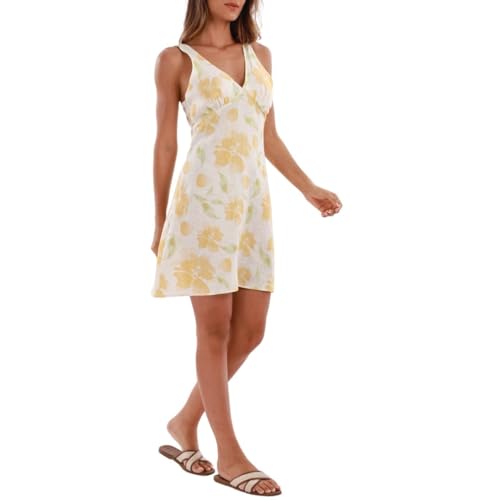Amazhiyu Women's 100% Linen Sleeveless Summer Knee-Length V-Neck A-Line Dress Floral Yellow, Small - Image 4