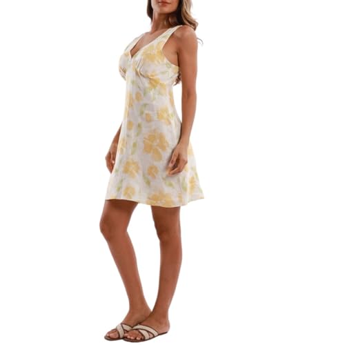 Amazhiyu Women's 100% Linen Sleeveless Summer Knee-Length V-Neck A-Line Dress Floral Yellow, Small - Image 3