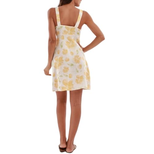 Amazhiyu Women's 100% Linen Sleeveless Summer Knee-Length V-Neck A-Line Dress Floral Yellow, Small - Image 2