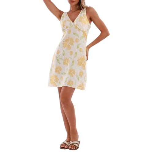 Amazhiyu Women's 100% Linen Sleeveless Summer Knee-Length V-Neck A-Line Dress Floral Yellow, Small - Image 5