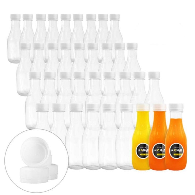 10 Oz Empty PET Plastic Juice Bottles 35 Pack Clear Disposable Bulk Drink Bottles with White Tamper Evident Caps Great for Storing Homemade Juices Milk Water Smoothies Tea 10 OZ White