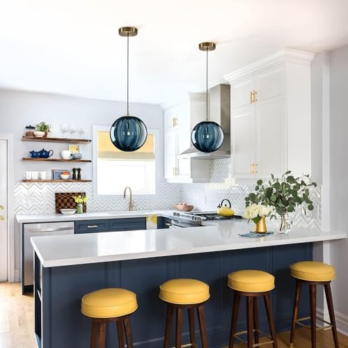 KCO Lighting Modern Large Globe Pendant Light 1-Light Single Blue Glass Pendant Lighting Kitchen Island Vintage Ribbed Glass Pendant Light Contemporary Gold Hanging Light Fixture (9.8”) - Image 4