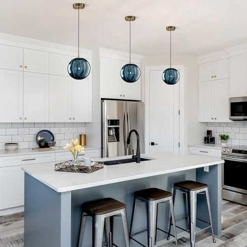 KCO Lighting Modern Large Globe Pendant Light 1-Light Single Blue Glass Pendant Lighting Kitchen Island Vintage Ribbed Glass Pendant Light Contemporary Gold Hanging Light Fixture (9.8”) - Image 5
