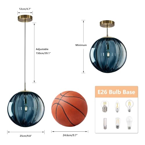 KCO Lighting Modern Large Globe Pendant Light 1-Light Single Blue Glass Pendant Lighting Kitchen Island Vintage Ribbed Glass Pendant Light Contemporary Gold Hanging Light Fixture (9.8”) - Image 2