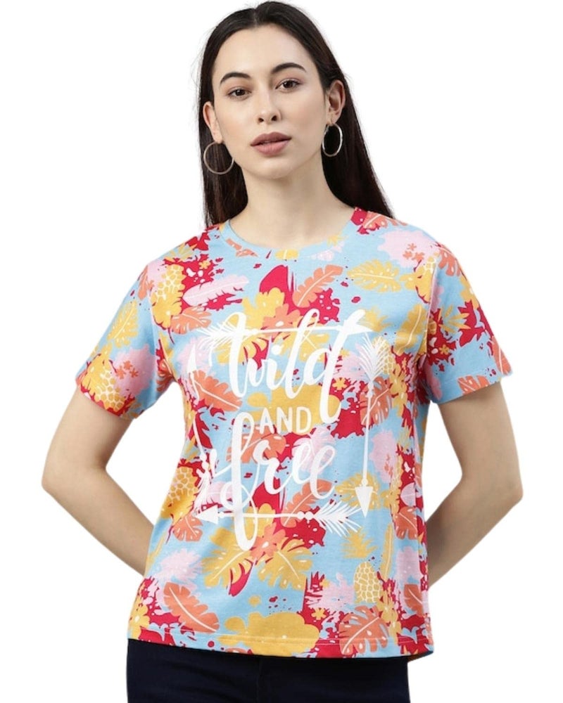 JUNEBERRY® Women's Cotton Regular Fit Floral Printed T-Shirt (Pinkmulti, XXL) - Image 1