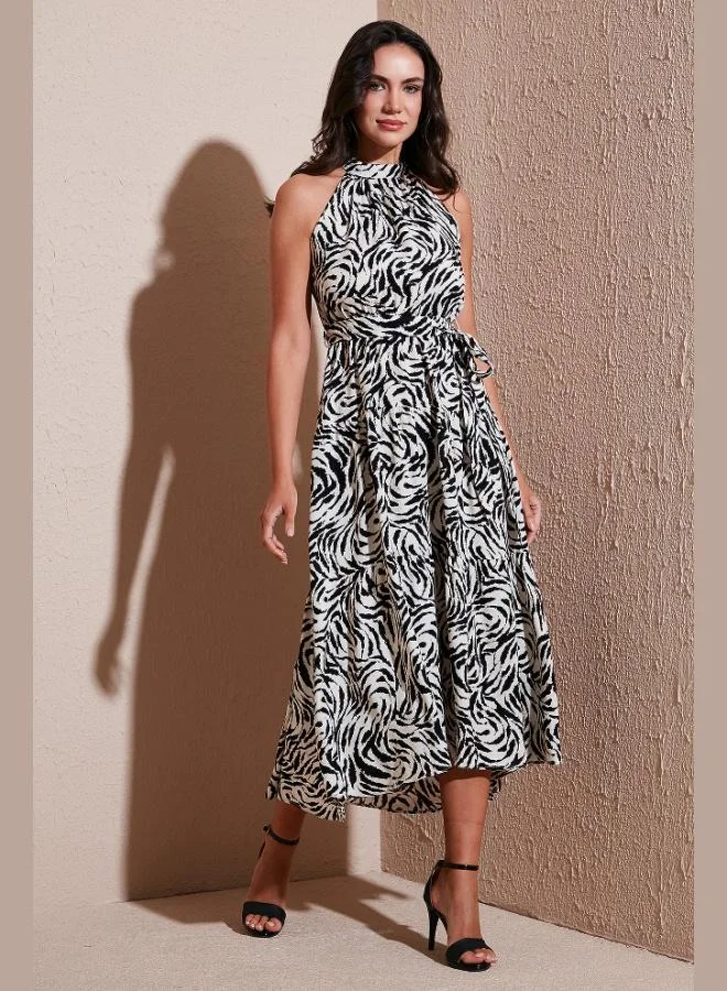 Lela Lela Patterned Regular Fit Halter Neck Belted Midi Length Dress Women's DRESS 6772030