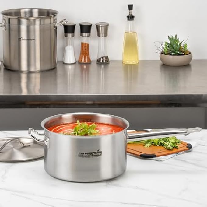 ريستورنت وير مقلاة صلصة Met Lux سعة 75 كوارت تعمل بالحث الحراري، وعاء عميق واسع، غطاء بمقبض واحد، يباع منفصلاً، وعاء طهي من الفولاذ المقاوم للصدأ بلمسة نهائية من MirrorFinish لطهي الطعام وسلقه - Image 4