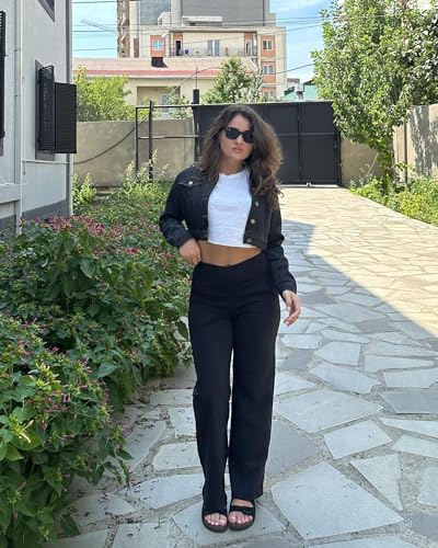 G4Free Petite Wide Leg Pants for Women Flare Dress Pants with Pockets Cross Waist Stretch Bootleg Sweatpants for Casual Work(Black,L,29") - Image 2