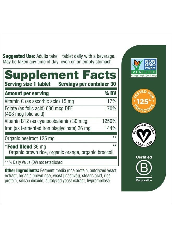 MegaFood Blood Builder - Iron Supplement Clinically Shown to Increase Iron Levels Without Side Effects - Energy Support with Iron, Vitamins C and B12, and Folic Acid - Vegan - 30 Tabs  - Image 2