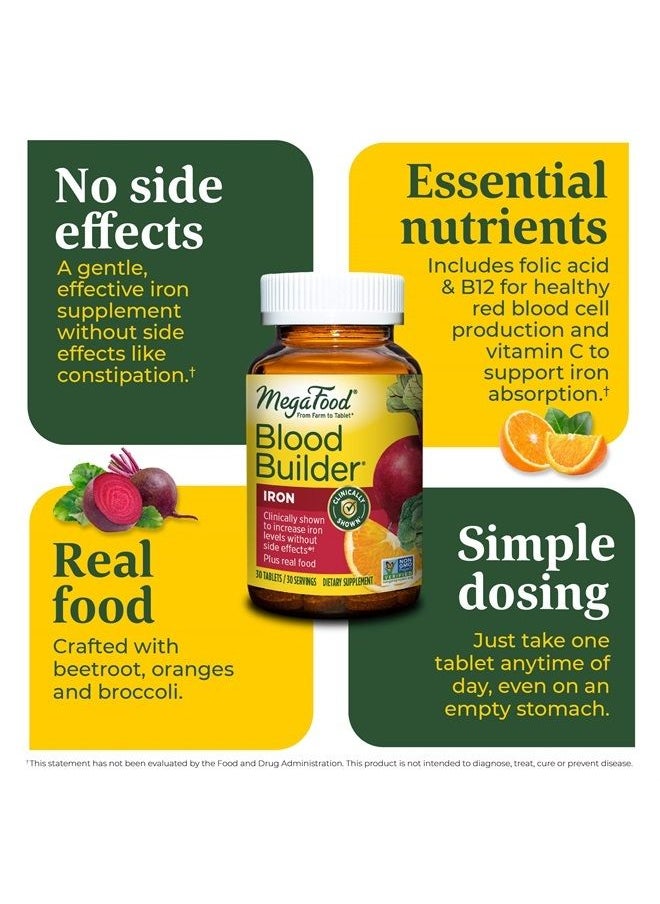 MegaFood Blood Builder - Iron Supplement Clinically Shown to Increase Iron Levels Without Side Effects - Energy Support with Iron, Vitamins C and B12, and Folic Acid - Vegan - 30 Tabs  - Image 3