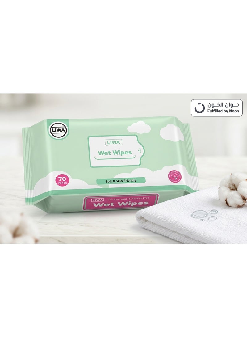 Liwa Soft & Skin Friendly Wet Wipes, pH Balanced & Alcohol-Free 70's (Green Pouch)