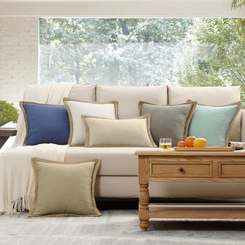 Phantoscope Pack of 2 Farmhouse Modern Spring Decorative Throw Pillow Covers Burlap Linen Trimmed Outdoor Pillows Tailored Edges Off White 18 x 18 inches, 45 x 45 cm - Image 5