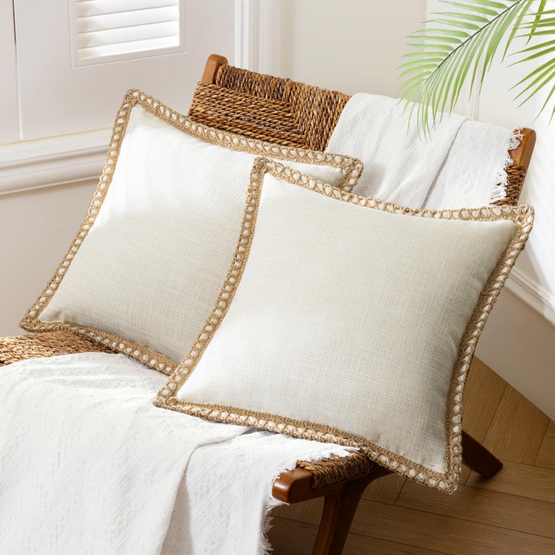 Phantoscope Pack of 2 Farmhouse Modern Spring Decorative Throw Pillow Covers Burlap Linen Trimmed Outdoor Pillows Tailored Edges Off White 18 x 18 inches, 45 x 45 cm - Image 1
