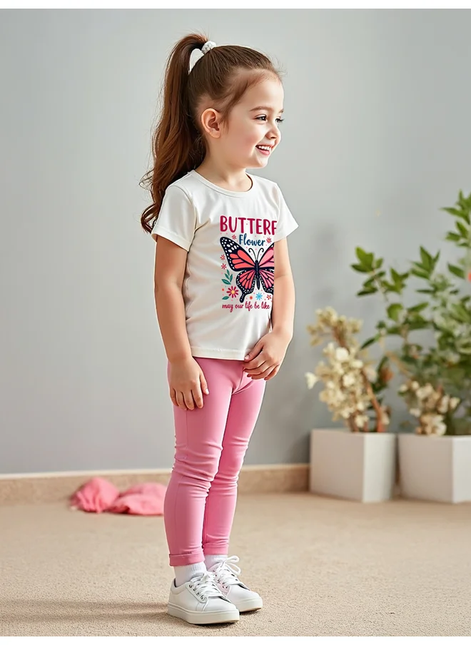 تايك تو Take Two Kids Pink Butterfly Printed T-Shirt & Leggings 2 pcs Set