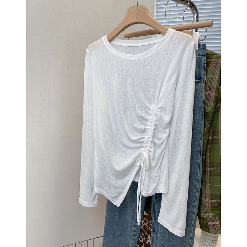 Micro Through Long Sleeve T-Shirt Summer Thin Irregular Ice Silk New Design Drawstring Loose Sunscreen Blouse - Image 2