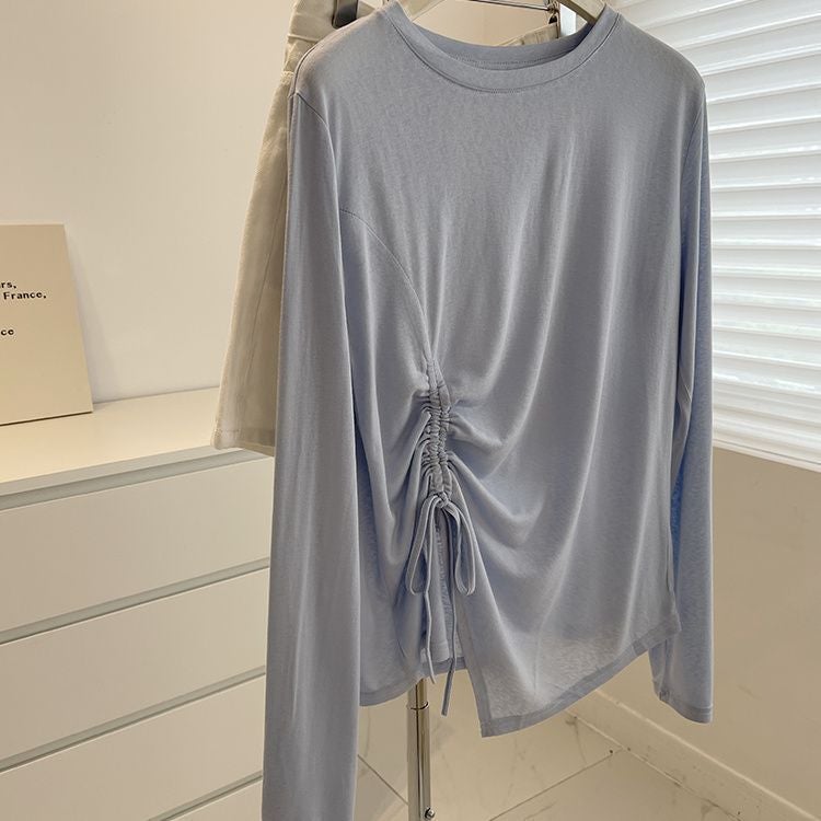 Micro Through Long Sleeve T-Shirt Summer Thin Irregular Ice Silk New Design Drawstring Loose Sunscreen Blouse - Image 1