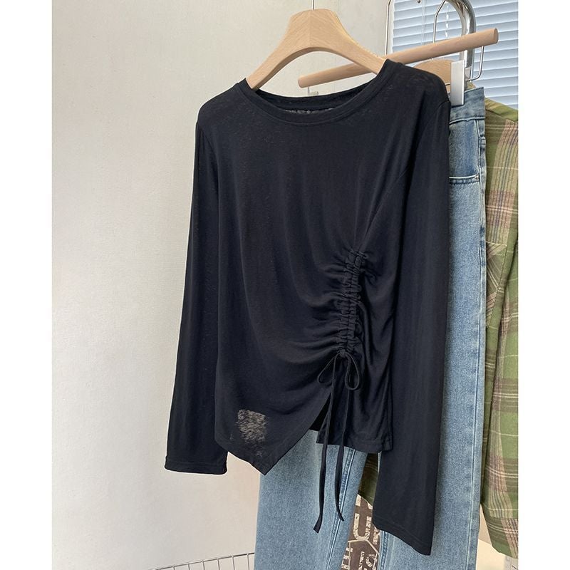 Micro Through Long Sleeve T-Shirt Summer Thin Irregular Ice Silk New Design Drawstring Loose Sunscreen Blouse - Image 4