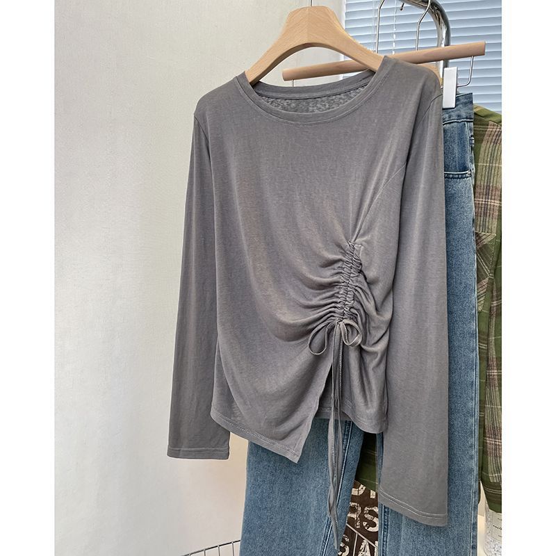 Micro Through Long Sleeve T-Shirt Summer Thin Irregular Ice Silk New Design Drawstring Loose Sunscreen Blouse - Image 3
