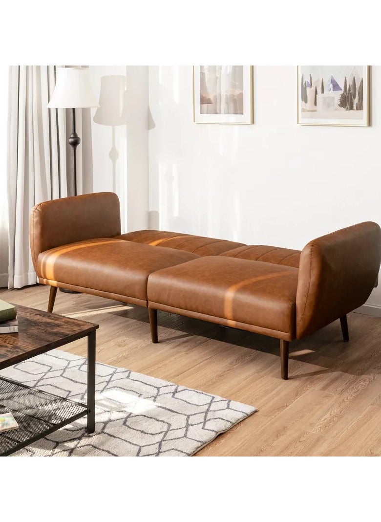 Generic Khaki PU Sofabed – Adjustable Convertible Couch Sleeper with Fold-Out Bed Function – Modern Faux Leather Sleeper Sofa for Living Room or Guest Room  - Image 3