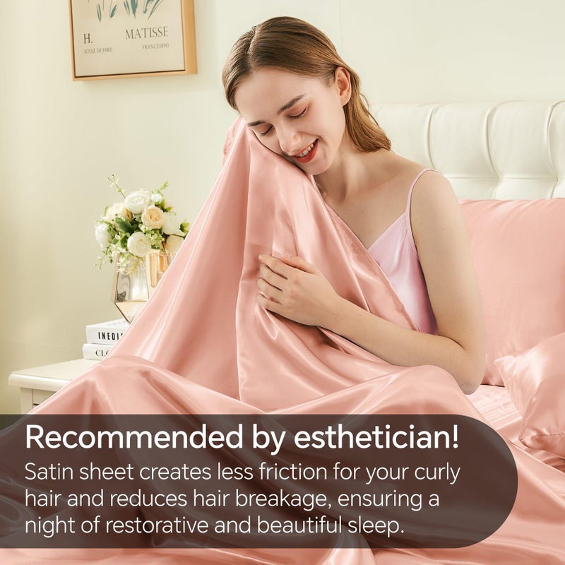 BEDELITE Satin Sheets Full Size Bed Set  Luxury Soft Coral Pink Silky Sheets for Hair and Skin  Similar to Silk Bed Sheets Set 4 Pieces with 1 Deep Pocket Fitted Sheet  1 Flat Sheet  and 2 Pillowcases - Image 4