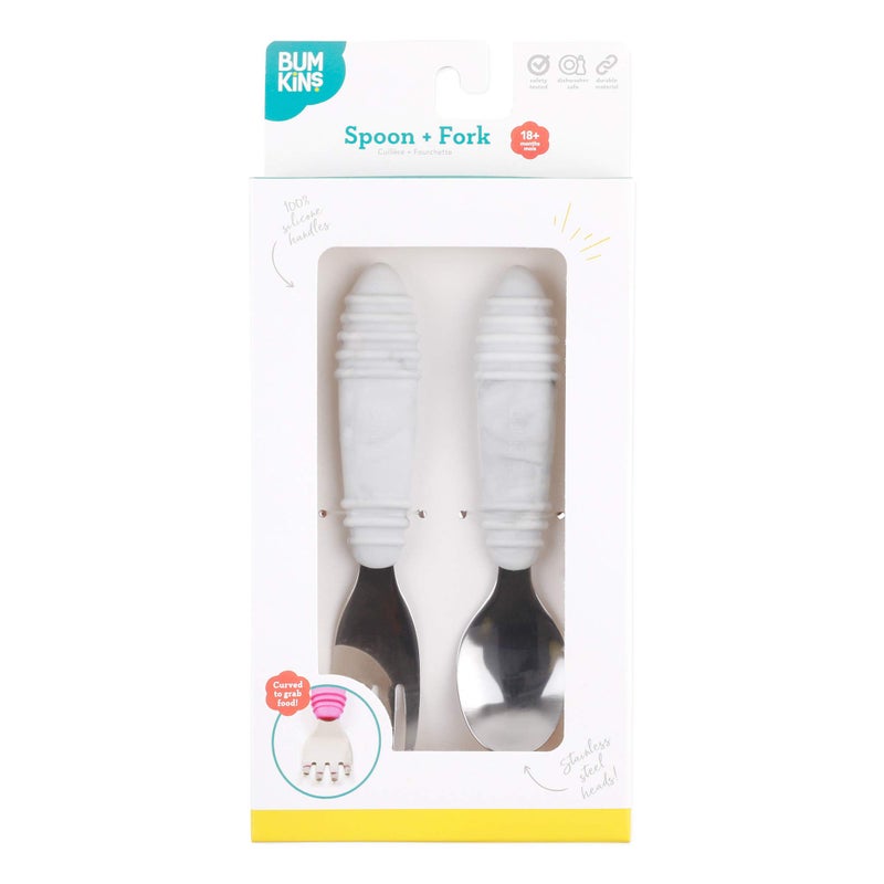 Bumkins Toddler Utensils, Kids Size Fork and Spoon Set, Silicone and Stainless-Steel Training Silverware, Angled Forks / Sporks for Self-Feeding, Children Hold Learning to Eat, 18 Months Up, Marble - Image 4