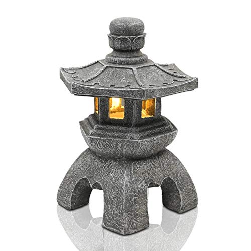 Nacome Solar Pagoda Lantern Garden Statue,Indoor/Outdoor Zen Asian Decor for Landscape Balcony,Garden,Patio,Porch Yard Art Ornament,Polyresin, Stone Finish - Image 4