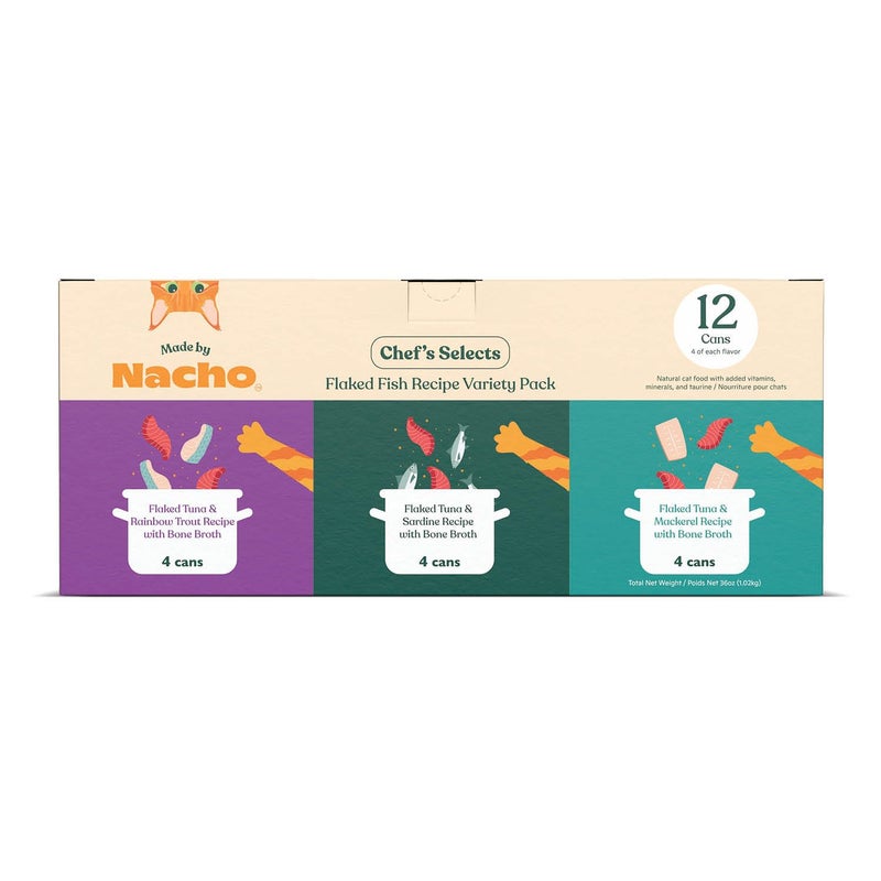 Made by Nacho Flaked Filets Recipe in Bone Broth, Grain-Free Chef's Selects Wet Food for Cats Balanced Diet in Naturally Hydrating Pumpkin-Infused Broth (3.0 oz (Pack of 12), Flaked Fish Variety Pack) - Image 1