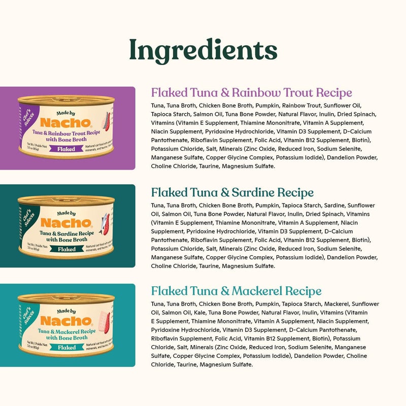 Made by Nacho Flaked Filets Recipe in Bone Broth, Grain-Free Chef's Selects Wet Food for Cats Balanced Diet in Naturally Hydrating Pumpkin-Infused Broth (3.0 oz (Pack of 12), Flaked Fish Variety Pack) - Image 4