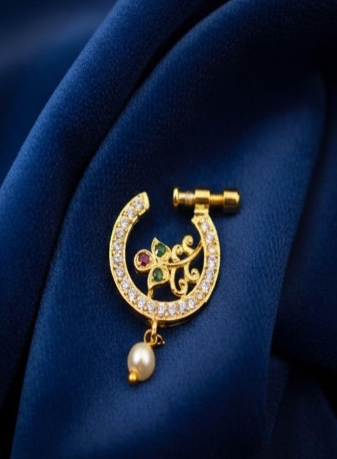 ZEELLO Gold Plated Nose Pin with CZ Stones, Pearl Drop, Multicolor Stones, Screw Back Closure - Image 4