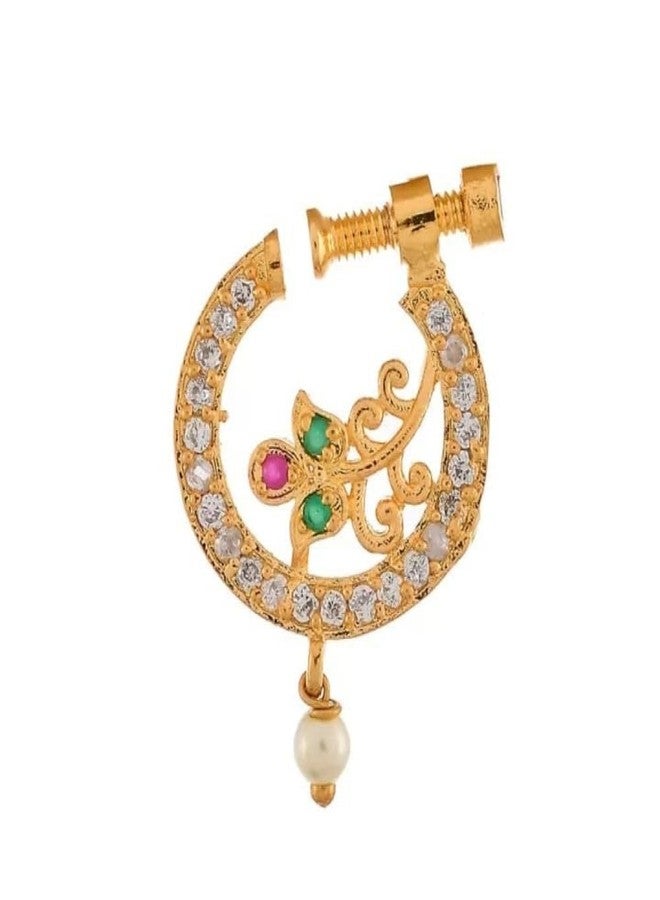 ZEELLO Gold Plated Nose Pin with CZ Stones, Pearl Drop, Multicolor Stones, Screw Back Closure - Image 1