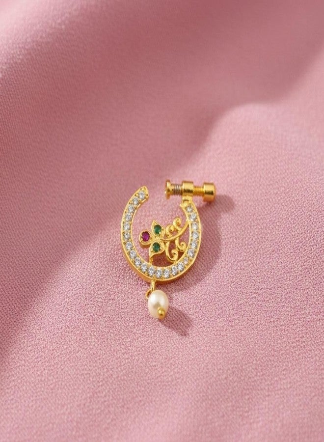 ZEELLO Gold Plated Nose Pin with CZ Stones, Pearl Drop, Multicolor Stones, Screw Back Closure - Image 2