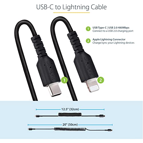 StarTech.com 20in / 50cm USB C to Lightning Cable, MFi Certified, Coiled iPhone Charger Cable, Black, Durable TPE Jacket Aramid Fiber, Heavy Duty Coil Lightning Cable (RUSB2CLT50CMBC) - Image 4