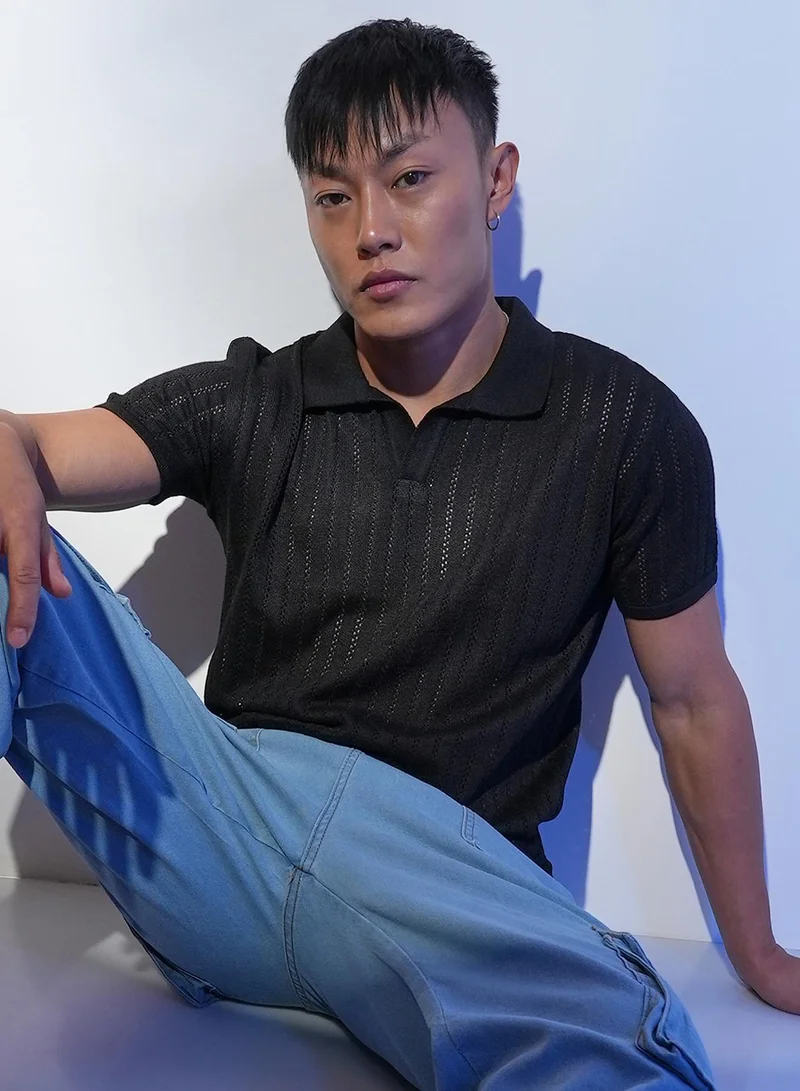 Campus Sutra Men's Midnight Black Stripe-Textured Polo T-Shirt