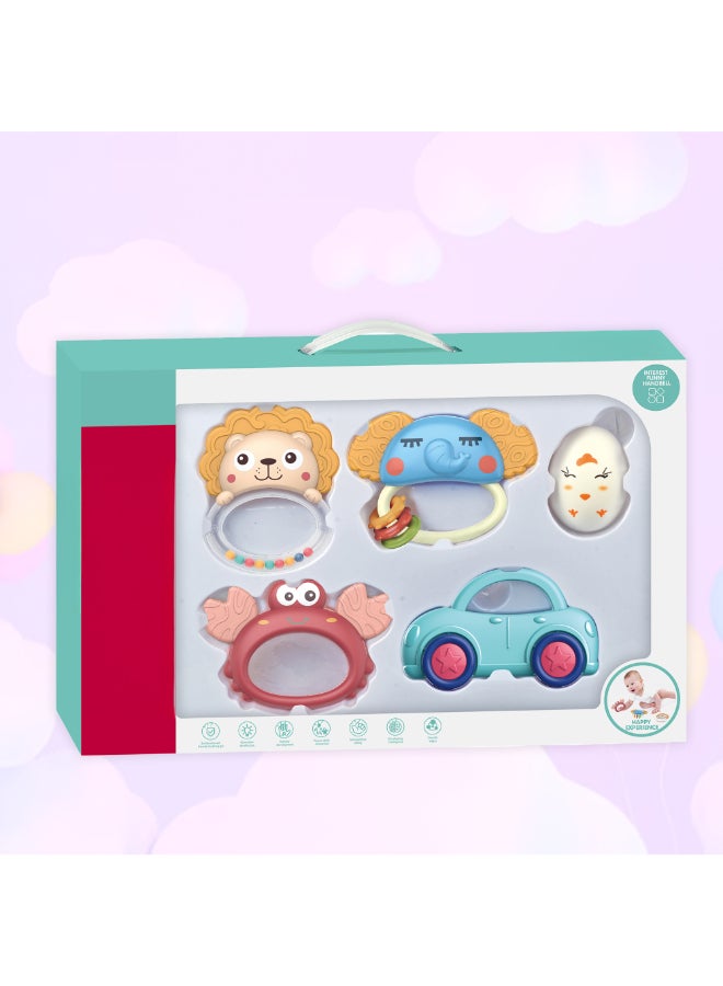 COGNIKIDS مجموعة ألعاب رنين وأسنان للأطفال 5 قطع | أجراس يد مصنوعة من السيليكون الناعم خالية من BPA | ألعاب حسية للتعلم المبكر للأطفال من 3 أشهر فما فوق | أسنان على شكل حيوانات مضحكة للأطفال الصغار - Image 2