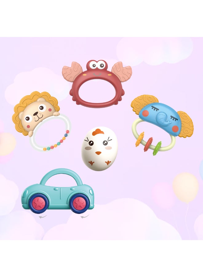 COGNIKIDS مجموعة ألعاب رنين وأسنان للأطفال 5 قطع | أجراس يد مصنوعة من السيليكون الناعم خالية من BPA | ألعاب حسية للتعلم المبكر للأطفال من 3 أشهر فما فوق | أسنان على شكل حيوانات مضحكة للأطفال الصغار - Image 3