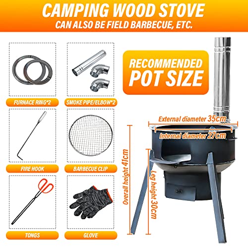 SelWatty Coal Wood Stove, 1 Set Of Multifunctional Portable Removable Iron Firewood Cooking Stove, Mobile Camping Stove for Outdoor Camping, Tent Heating, Fishing, Cooking (35 cm + 2 oven rings) - Image 3