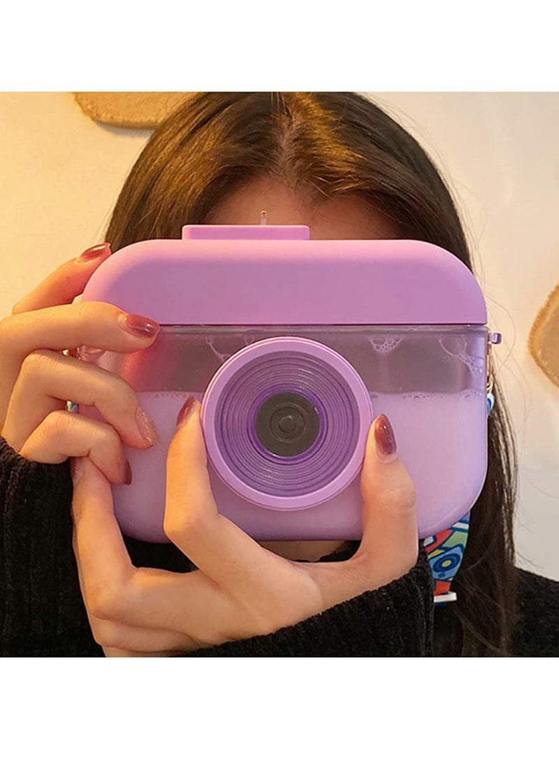 Kawaii Camera Shaped Water Bottles with Straws BPA-Free Leak Proof Design Suitable for Kids and Adults Outdoor Sports Travel Picnic 400ML Purple - Image 1