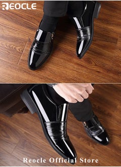 REOCLE Men's Leather Shoes Pointed Toe Boots Business Suit Shoes with Simple Buckle Design & Glossy Upper & Anti-slip Wear-resistant Soles Casual Comfortable Leather Shoes  - Image 2