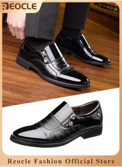 REOCLE Men's Leather Shoes Pointed Toe Boots Business Suit Shoes with Simple Buckle Design & Glossy Upper & Anti-slip Wear-resistant Soles Casual Comfortable Leather Shoes  - Image 1