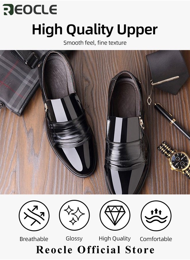 REOCLE Men's Leather Shoes Pointed Toe Boots Business Suit Shoes with Simple Buckle Design & Glossy Upper & Anti-slip Wear-resistant Soles Casual Comfortable Leather Shoes  - Image 3