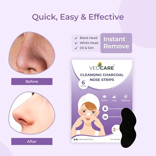 Vedcare Cleansing Charcoal Nose Strips for Women & Men | Removes Whiteheads | Blackheads and Cleanses Pores (Pack of 6) | Instant Result (6 Strips) - Image 2