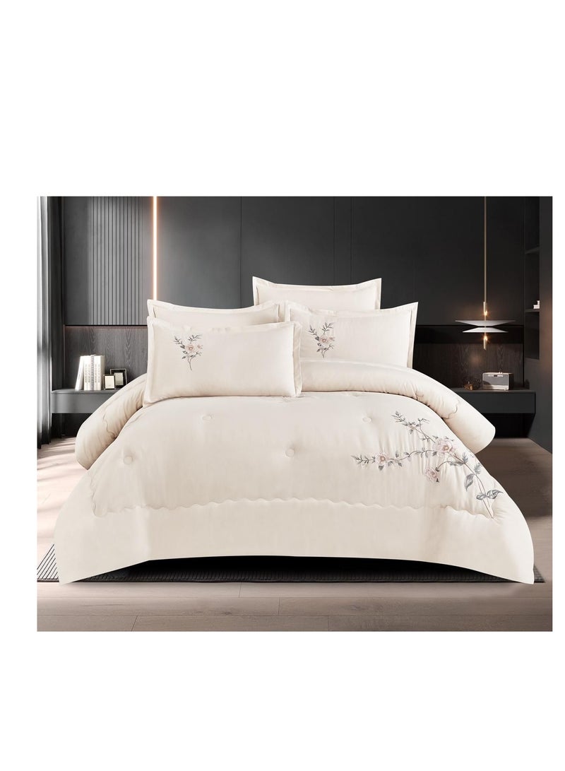 بيج طقم غطاء لحاف مطرز بحجم كينغ مجموعة 6 قطع من مجموعة الفراش ملاءة سرير مجهزة لحاف مع إغلاق بسحاب