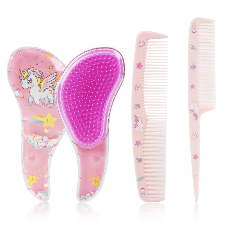 M'AYCREATE MAYCREATE® 3Pcs Girls Hair Brush Set Cute Unicorn Paddle Brush, Rat Tail Comb & 2 in 1 Styling Comb for Girls, Detangling & Hair Styling Kit, Pink - Image 1