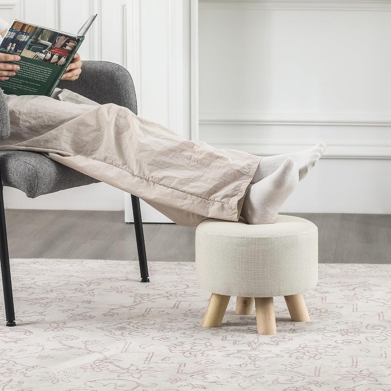 Asense Small Round Ottoman Foot Rest Stool Fabric Padded Seat Footstool Ottoman with Non-Skid Wooden Legs (Beige,Fabric) - Image 2