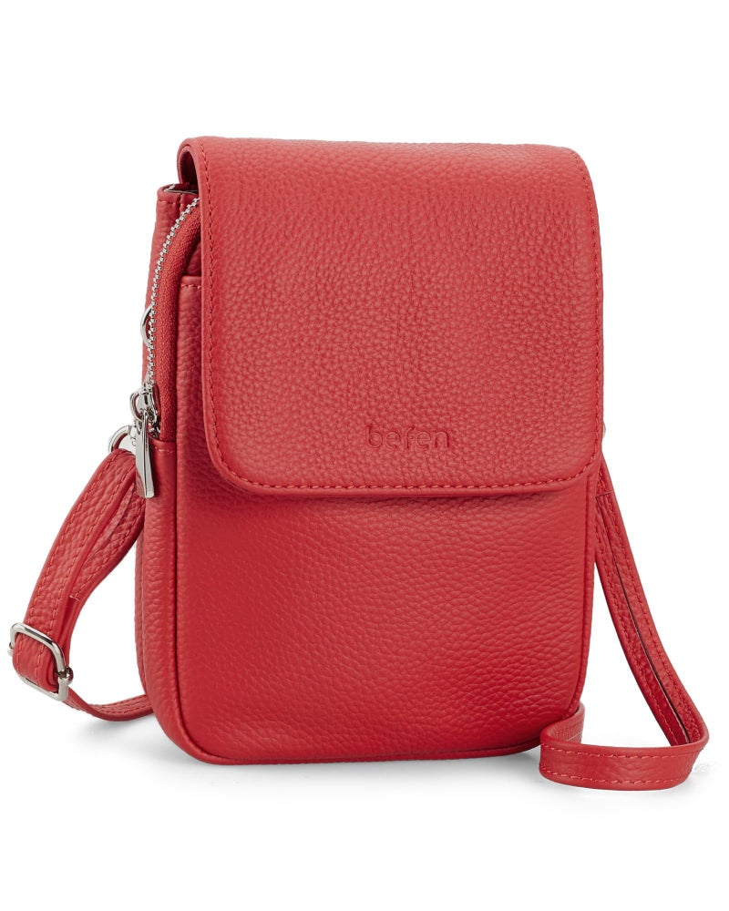 befen Genuine Leather Small Crossbody Bags for Women, Woman Cell Phone Cross body Purses Bag with RFID Blocking Card Slots Fire-engine Red - Image 1